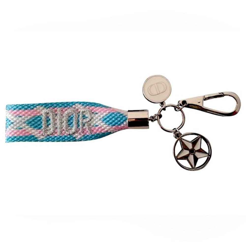 Dior Keychain/Bag Charm Blue/Pink/White Canvas w/ 3 charms NIB